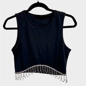 Elegant Black Sleeveless Crop Top w/ Rhinestone Fringe Silver Bachelorette Party